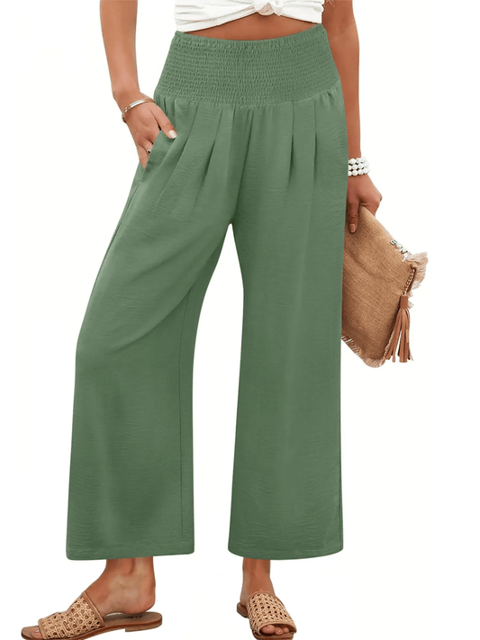 Pantaloni palazzo da donna a gamba larga con vita smockata