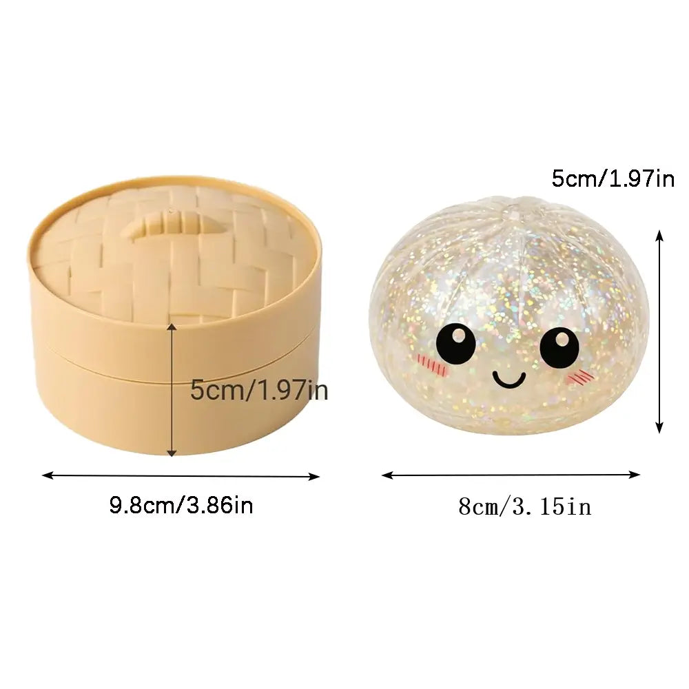 Scatola Squishy Glitter Dumpling - Simpatico giocattolo antistress, con scatola a vapore