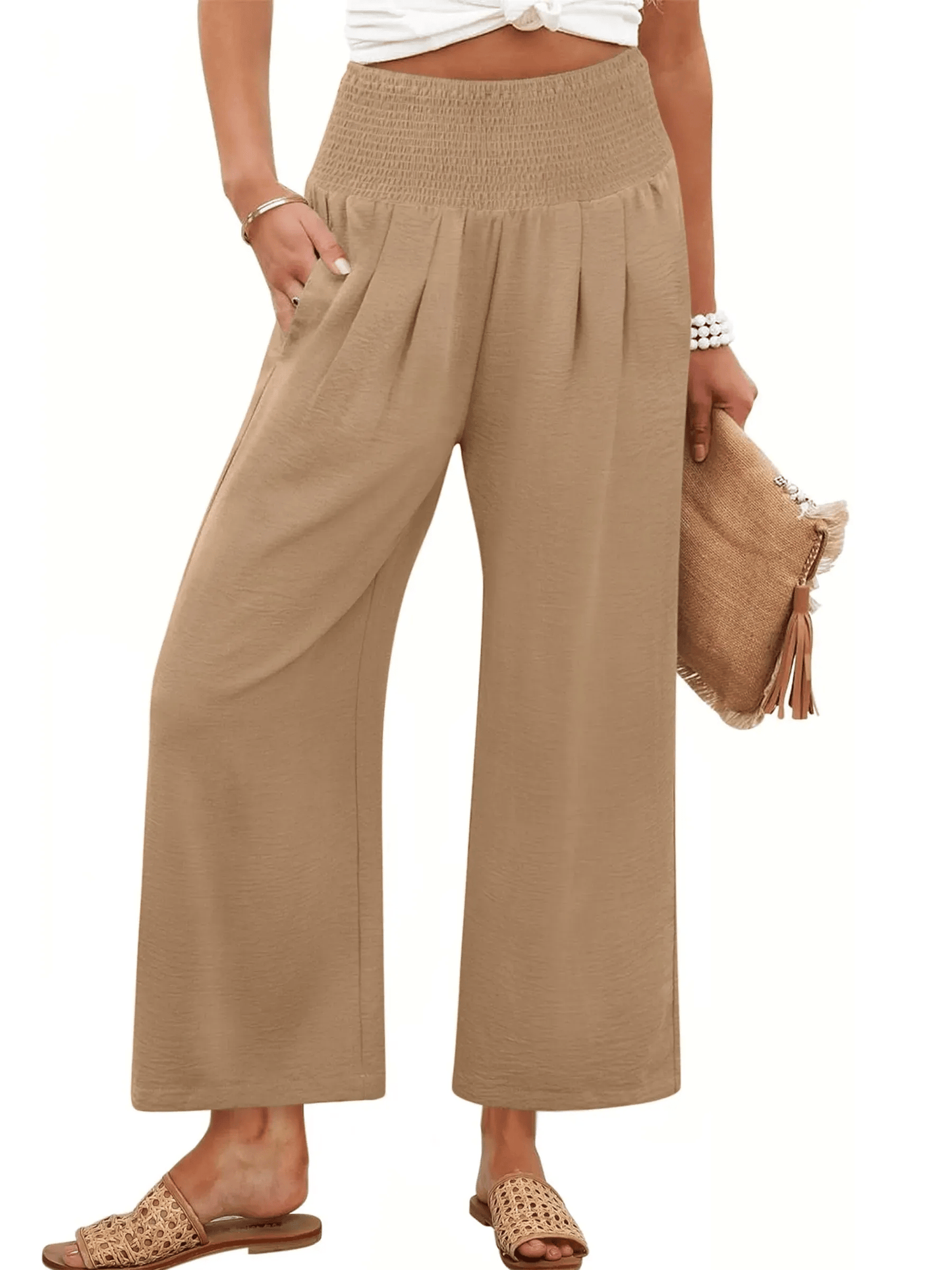 Pantaloni palazzo da donna a gamba larga con vita smockata