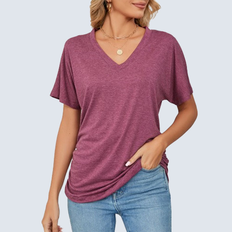 T-shirt donna tinta unita con scollo a V