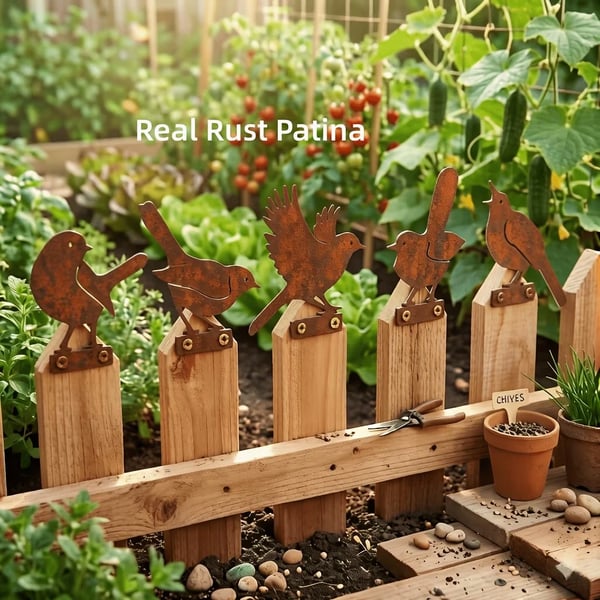 Set di 5 sagome di uccelli in metallo arrugginito dall'aspetto realistico come decorazione da giardino