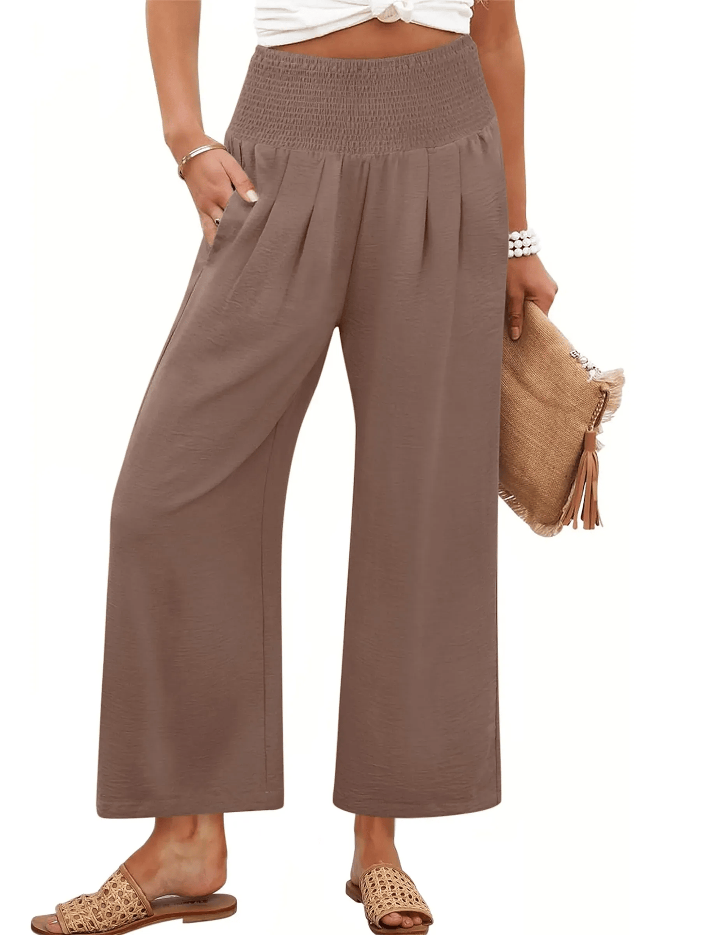Pantaloni palazzo da donna a gamba larga con vita smockata