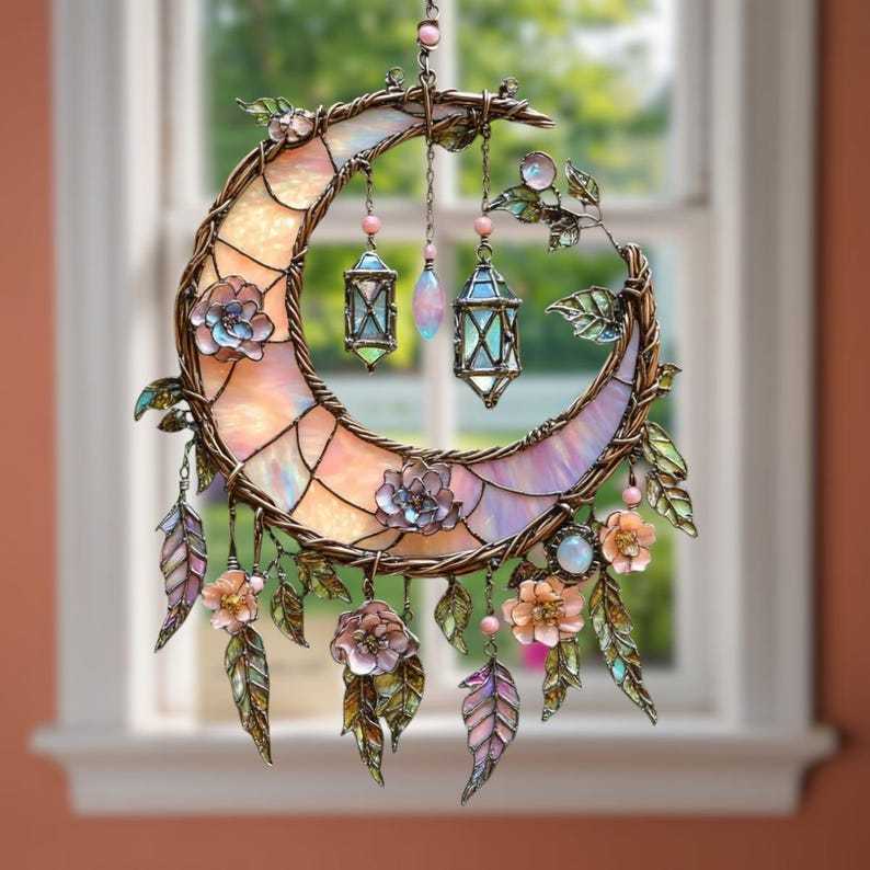 🌙Decorazione per finestre con luna e fiori dipinta a mano💖