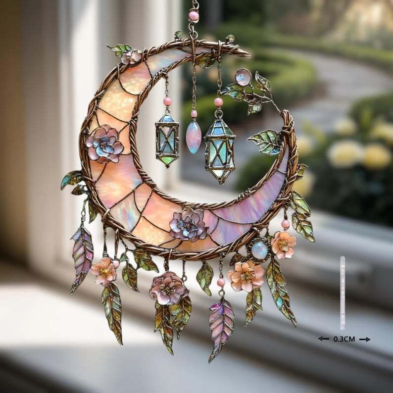 🌙Decorazione per finestre con luna e fiori dipinta a mano💖