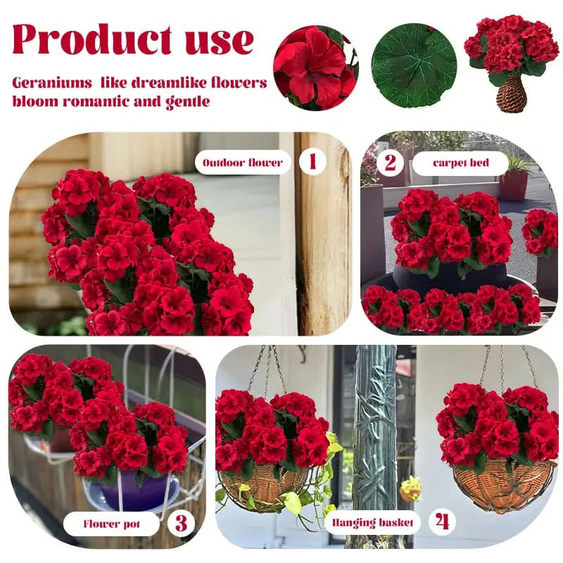 Gerani artificiali resistenti ai raggi UV – Fiori finti rossi da esterno per terrazze, giardini e decorazioni per la casa