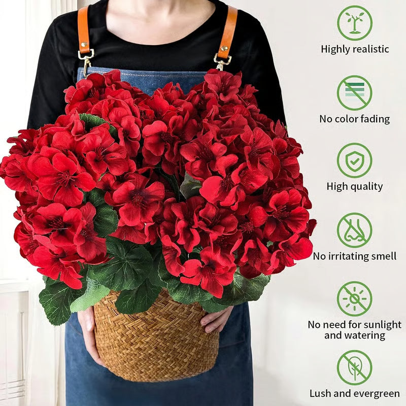Gerani artificiali resistenti ai raggi UV – Fiori finti rossi da esterno per terrazze, giardini e decorazioni per la casa