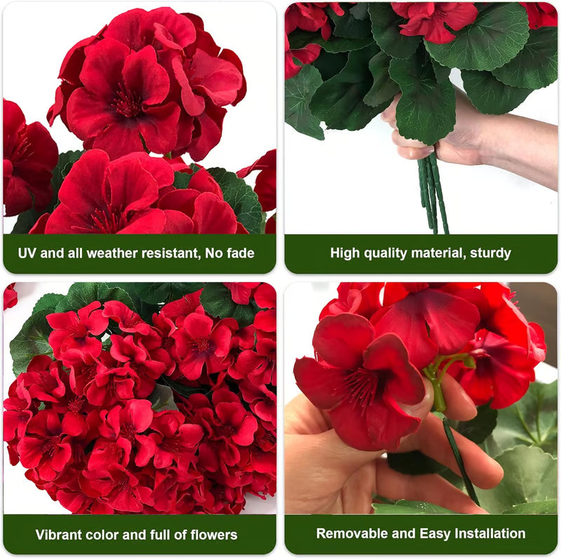 Gerani artificiali resistenti ai raggi UV – Fiori finti rossi da esterno per terrazze, giardini e decorazioni per la casa