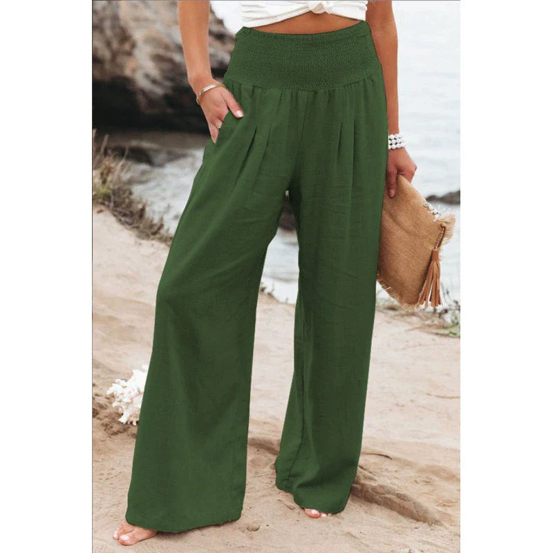 Pantaloni palazzo da donna a gamba larga con vita smockata