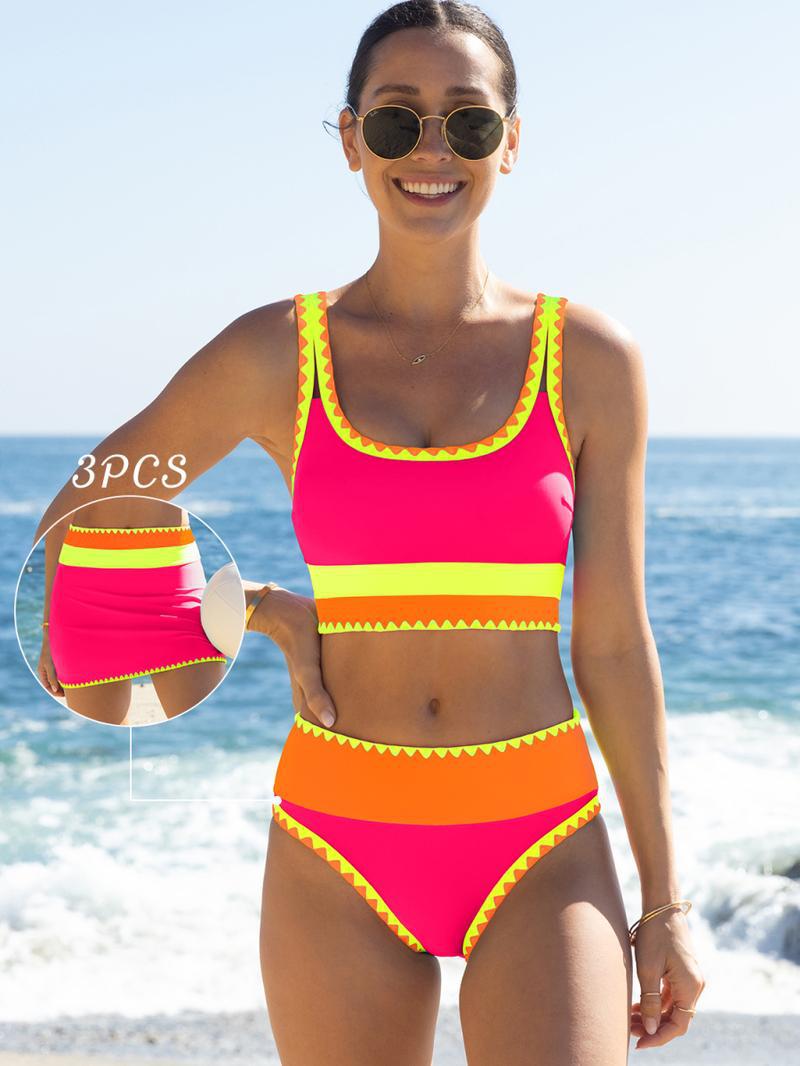 🎁Nuovo arrivo: 50% di sconto💥🌼Set bikini sportivo a 3 pezzi in nylon con effetto patchwork a blocchi di colore - Costume da bagno a vita alta con effetto snellente👙🌈