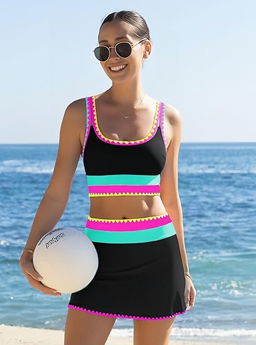 🎁Nuovo arrivo: 50% di sconto💥🌼Set bikini sportivo a 3 pezzi in nylon con effetto patchwork a blocchi di colore - Costume da bagno a vita alta con effetto snellente👙🌈