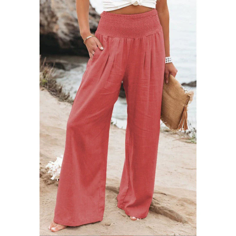 Pantaloni palazzo da donna a gamba larga con vita smockata