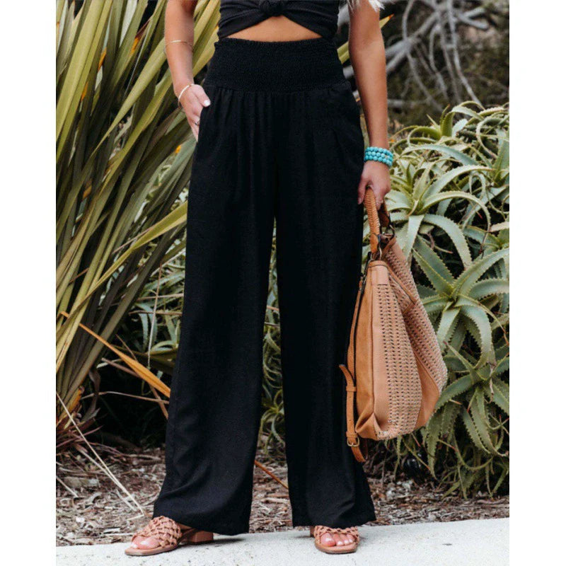 Pantaloni palazzo da donna a gamba larga con vita smockata
