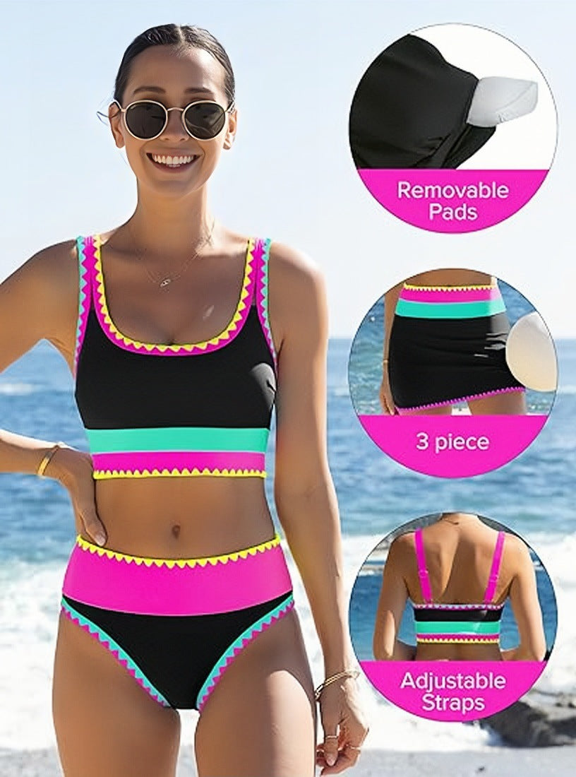 🎁Nuovo arrivo: 50% di sconto💥🌼Set bikini sportivo a 3 pezzi in nylon con effetto patchwork a blocchi di colore - Costume da bagno a vita alta con effetto snellente👙🌈