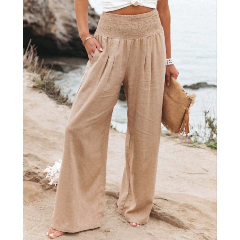 Pantaloni palazzo da donna a gamba larga con vita smockata