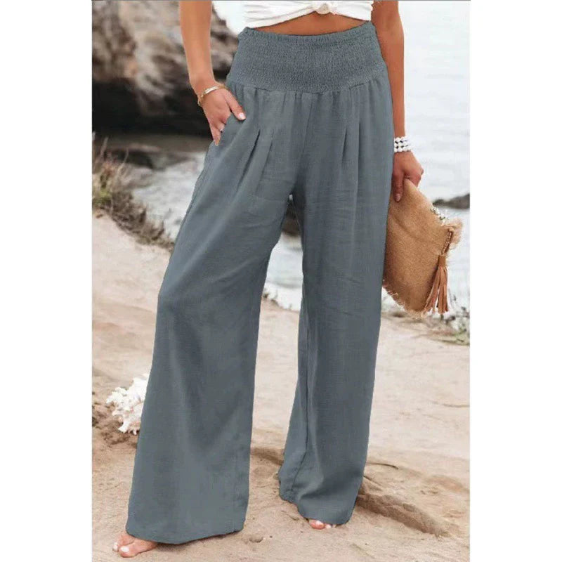 Pantaloni palazzo da donna a gamba larga con vita smockata