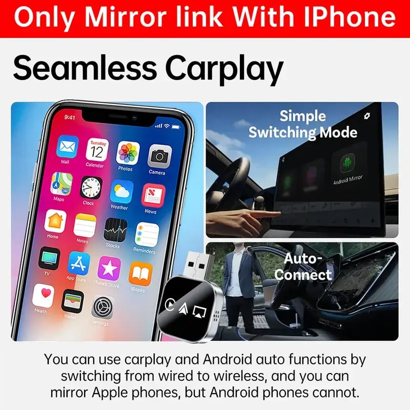 🔥Ultimo giorno 49% DI SCONTO🔥Aggiornamento 2026 3 in 1 Screen Mirror iOS Phone, adattatore Carplay da cablato a wireles