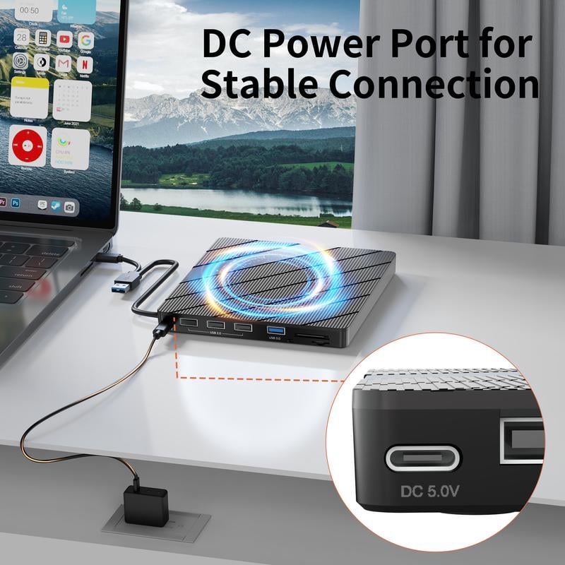 Lettore DVD portatile per laptop USB C 3.0 Masterizzatore CD portatile con slot per schede SD/TF e 3 porte USB Compatibile con Mac, Windows, Linux