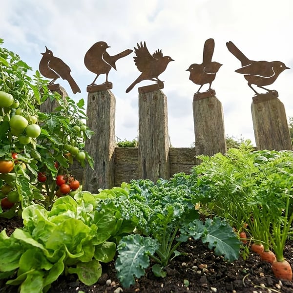 Set di 5 sagome di uccelli in metallo arrugginito dall'aspetto realistico come decorazione da giardino