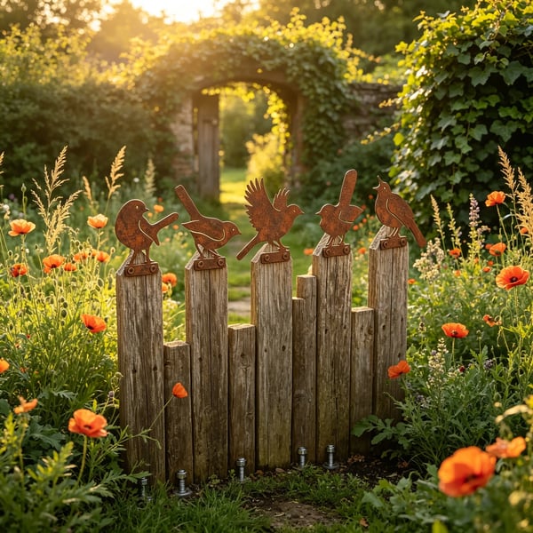 Set di 5 sagome di uccelli in metallo arrugginito dall'aspetto realistico come decorazione da giardino