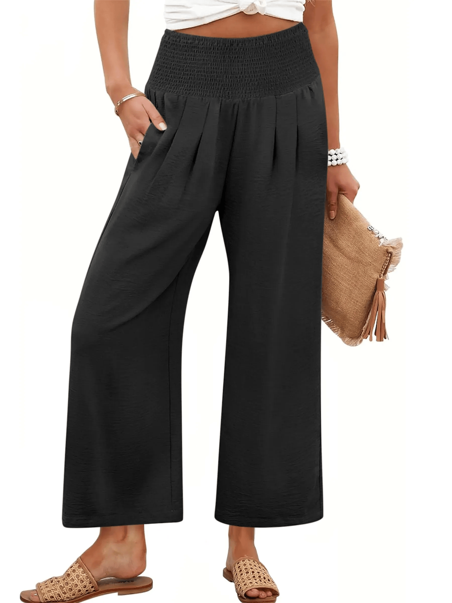 Pantaloni palazzo da donna a gamba larga con vita smockata