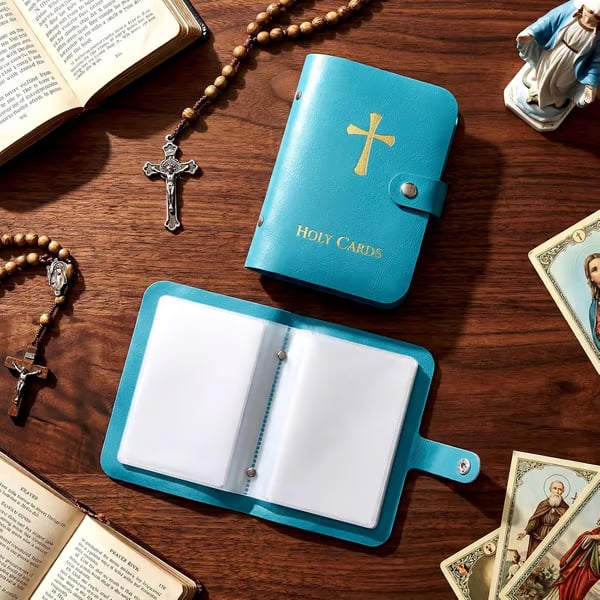 ✝️ Porta immagini sacre in vera pelle cattolica – Organizer tascabile per immagini sacre con chiusura a scatto