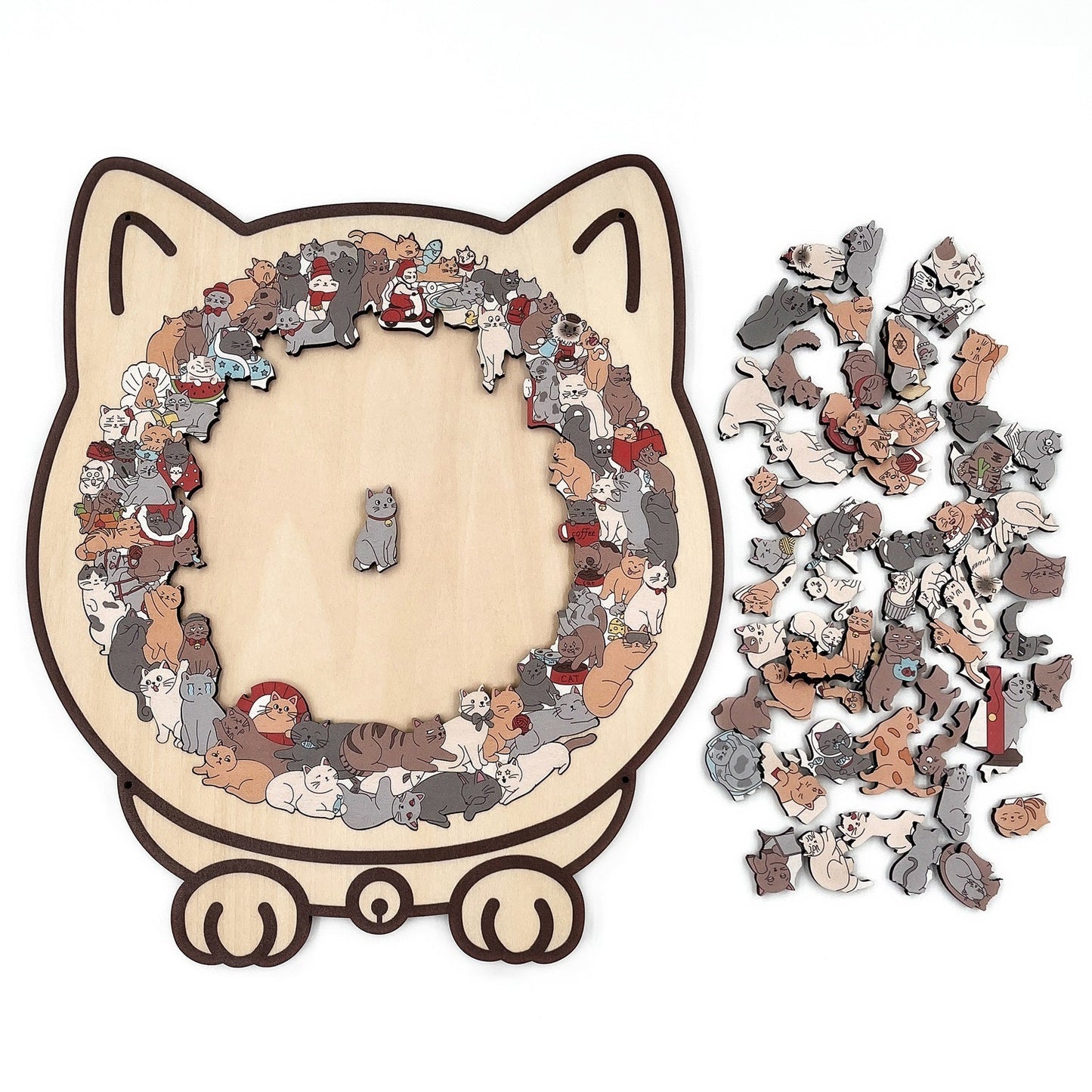 Puzzle in legno a forma di gatto dai colori di Morandi (135 pezzi)