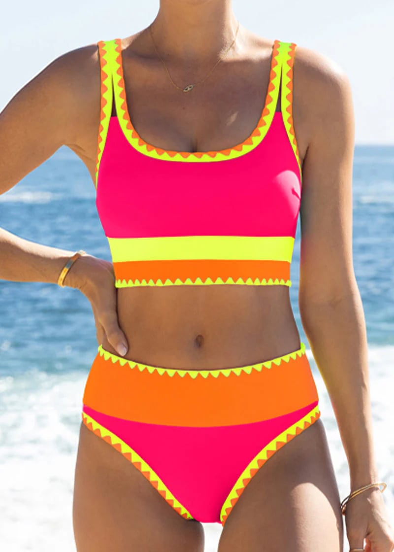 🎁Nuovo arrivo: 50% di sconto💥🌼Set bikini sportivo a 3 pezzi in nylon con effetto patchwork a blocchi di colore - Costume da bagno a vita alta con effetto snellente👙🌈