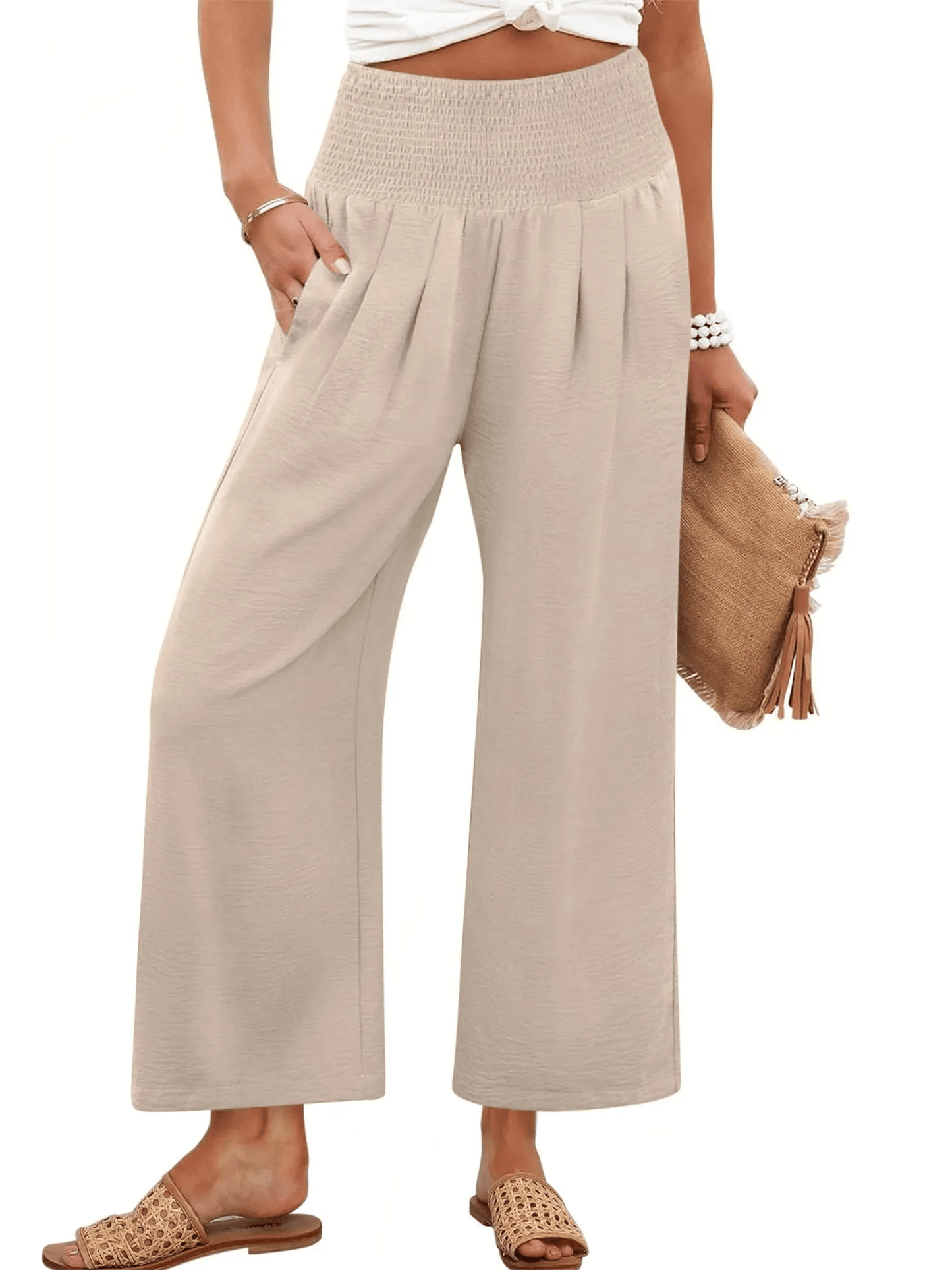 Pantaloni palazzo da donna a gamba larga con vita smockata