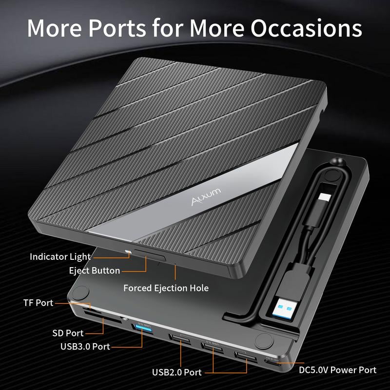 Lettore DVD portatile per laptop USB C 3.0 Masterizzatore CD portatile con slot per schede SD/TF e 3 porte USB Compatibile con Mac, Windows, Linux