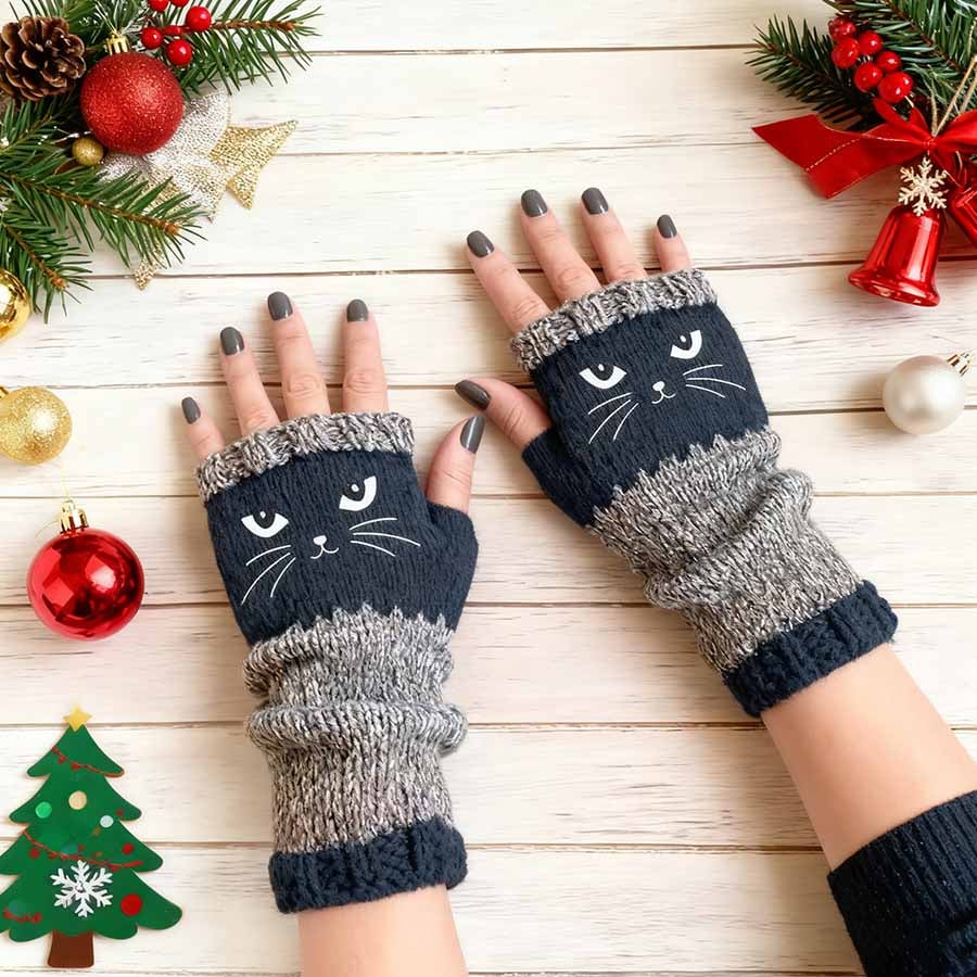 🎁Promozione dell'ultimo giorno 49% DI SCONTO🐱 Guanti da donna in maglia con gattini — Per mani calde e dita libere