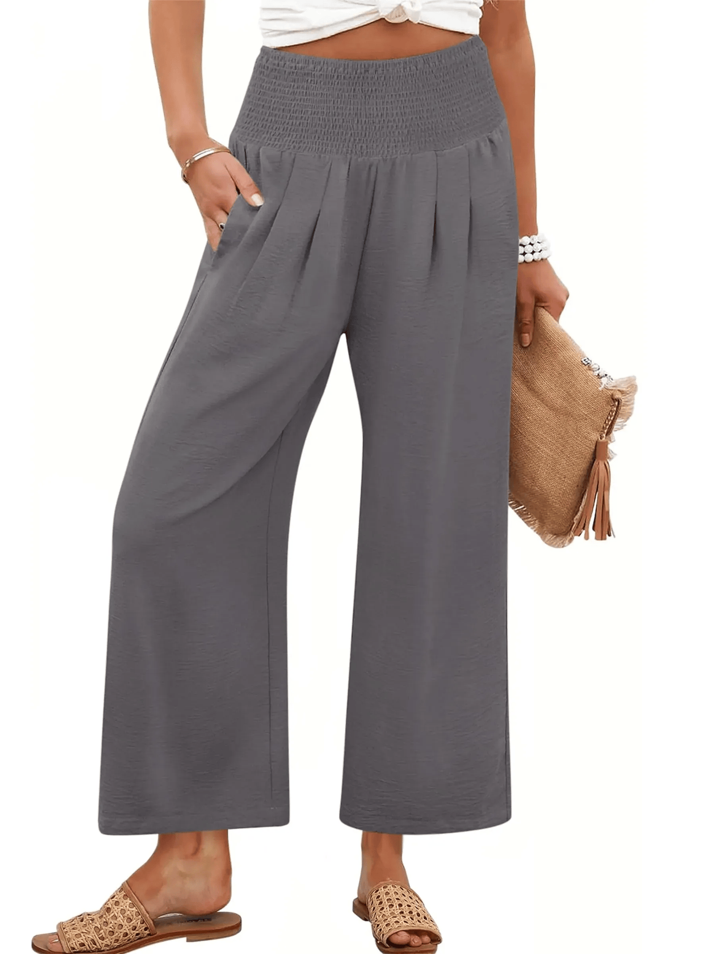 Pantaloni palazzo da donna a gamba larga con vita smockata