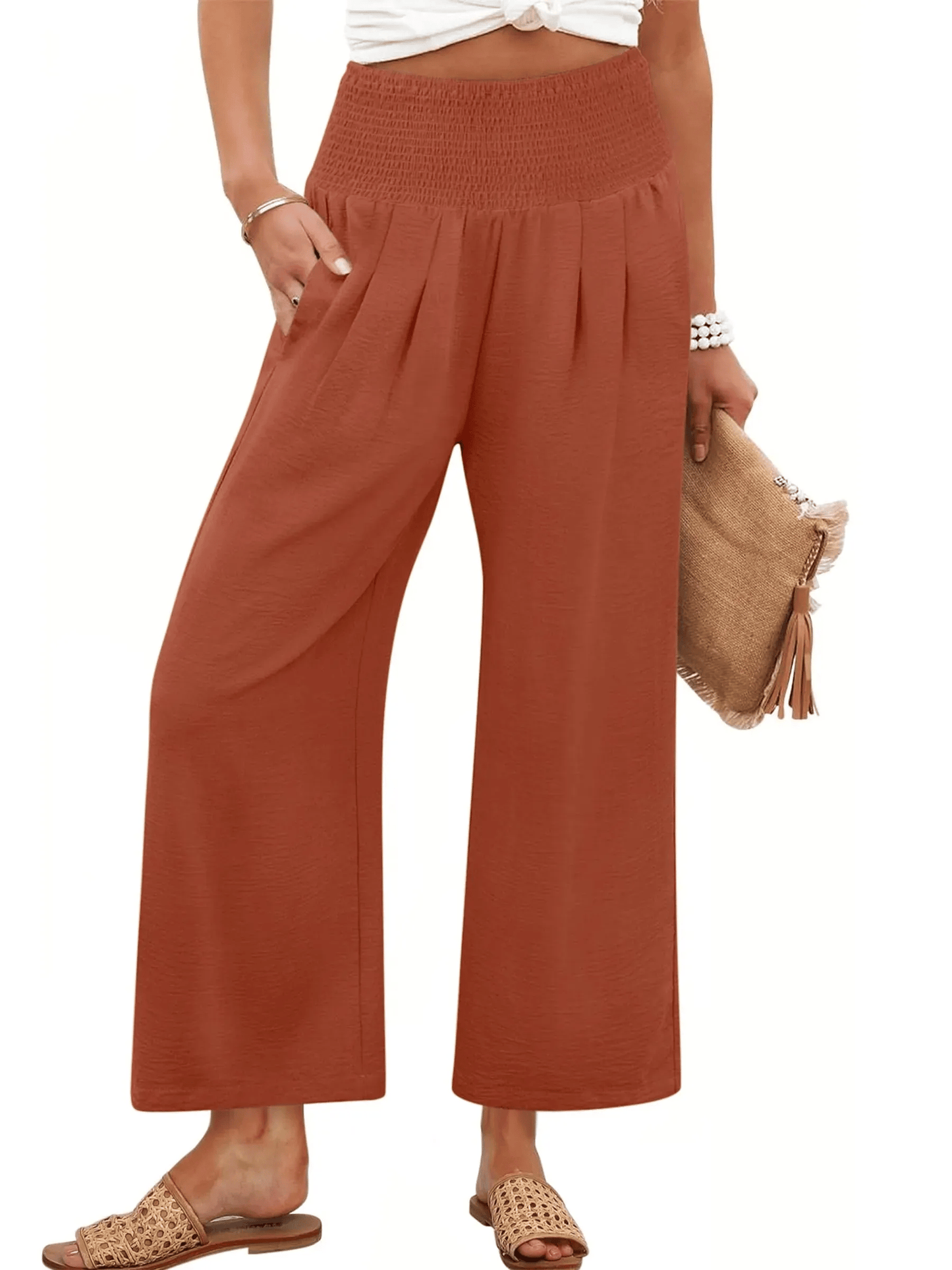 Pantaloni palazzo da donna a gamba larga con vita smockata