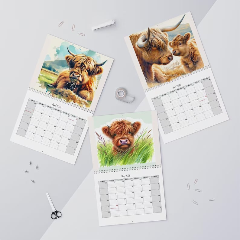 🐮Calendario Highland Cow 2026 – Decorazione rustica da parete per la casa di campagna e agenda mensile📅