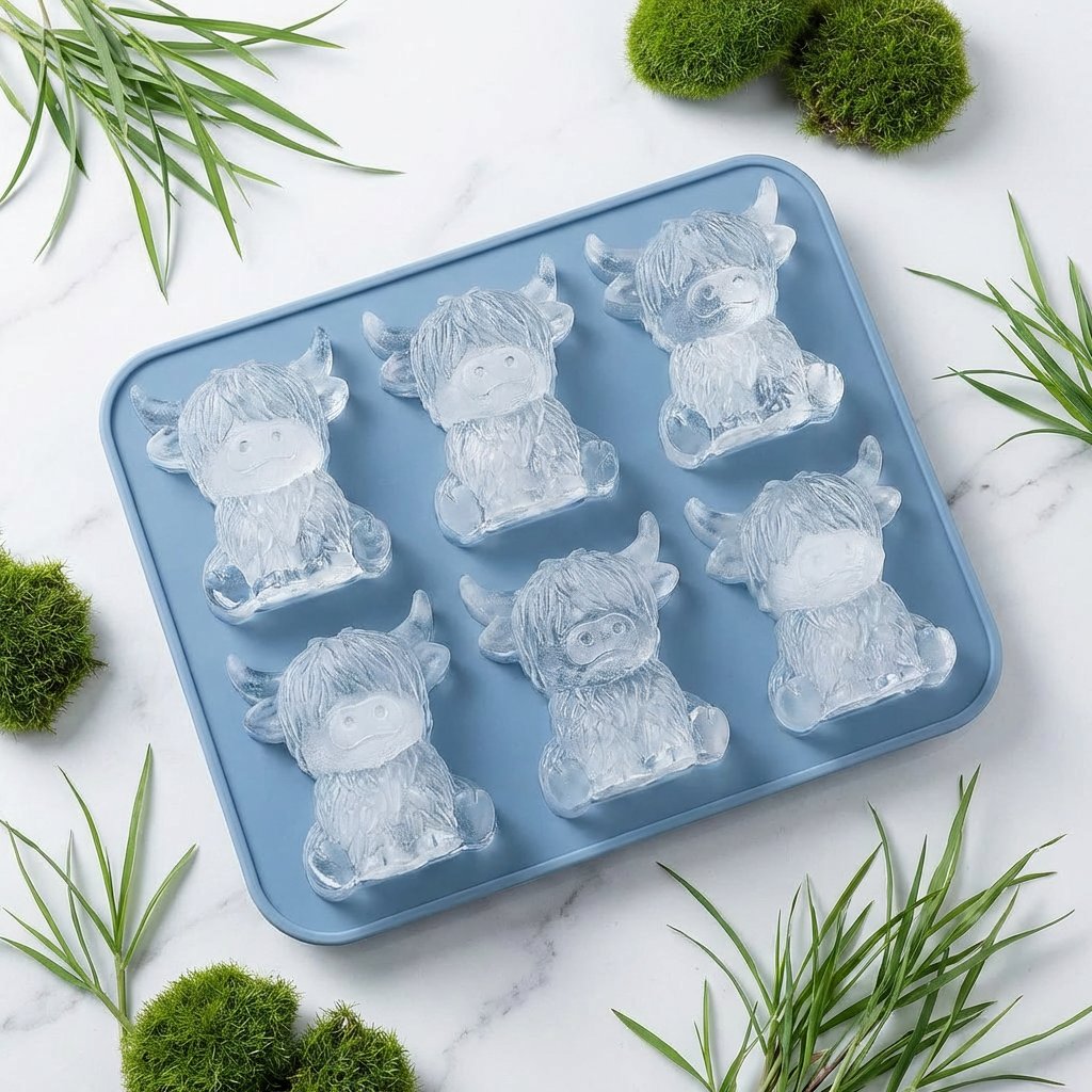 🐮 Stampo per cubetti di ghiaccio a forma di mini mucca delle Highlands – Simpatici cubetti di ghiaccio 3D per bevande, feste e regali