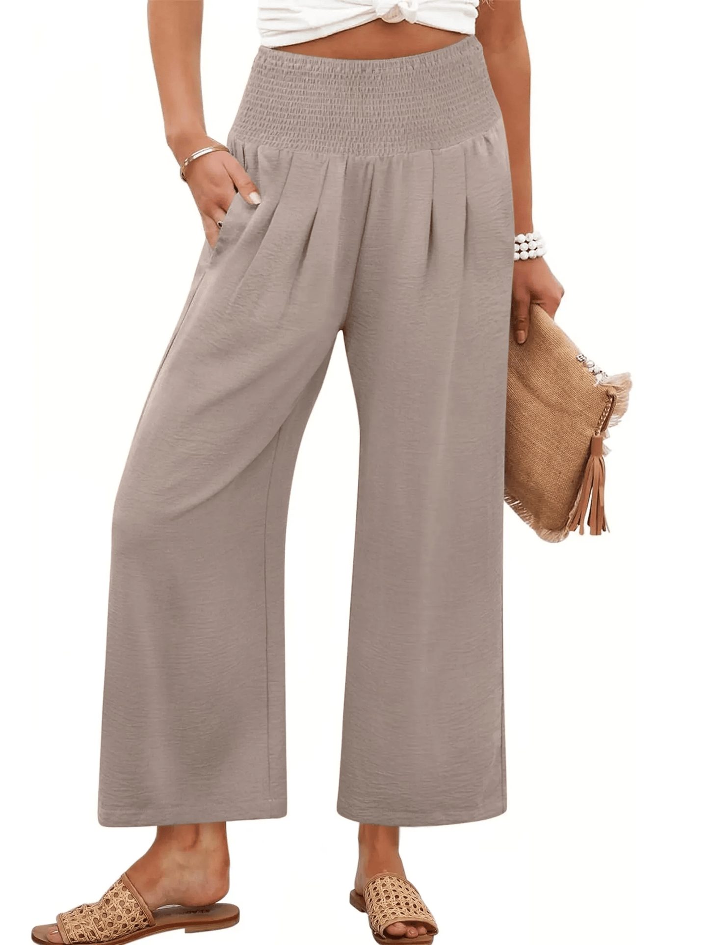 Pantaloni palazzo da donna a gamba larga con vita smockata