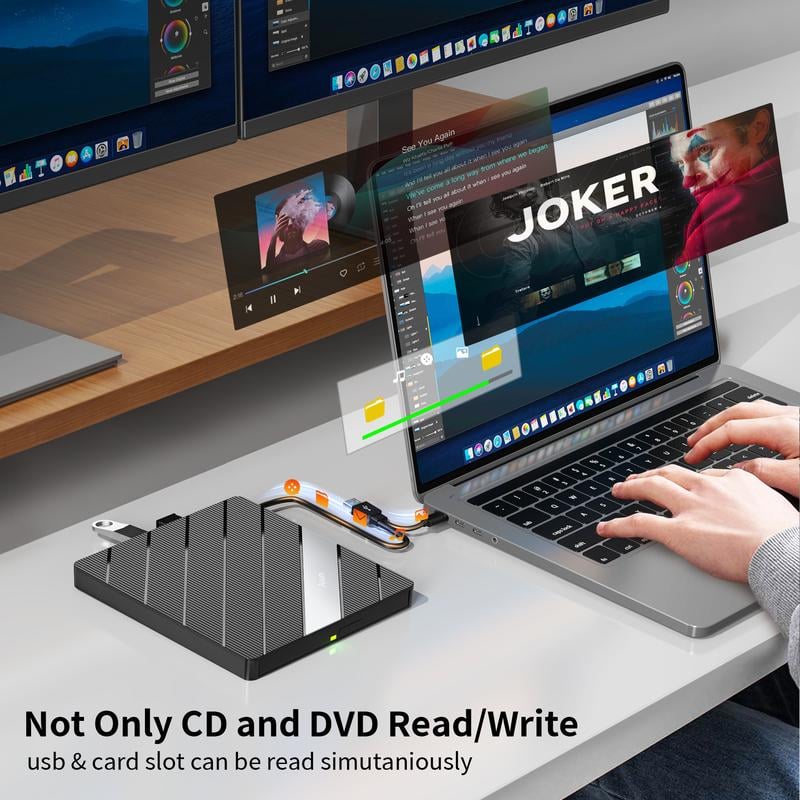 Lettore DVD portatile per laptop USB C 3.0 Masterizzatore CD portatile con slot per schede SD/TF e 3 porte USB Compatibile con Mac, Windows, Linux
