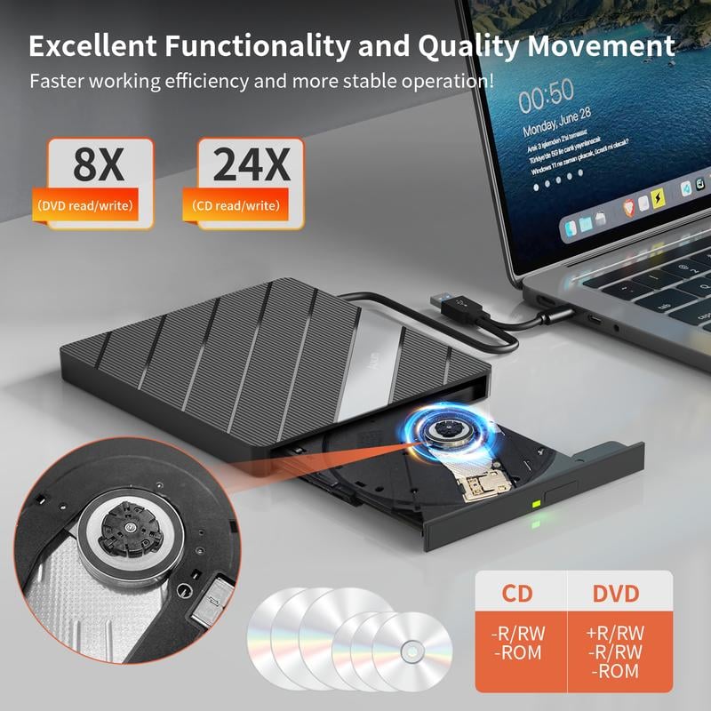 Lettore DVD portatile per laptop USB C 3.0 Masterizzatore CD portatile con slot per schede SD/TF e 3 porte USB Compatibile con Mac, Windows, Linux