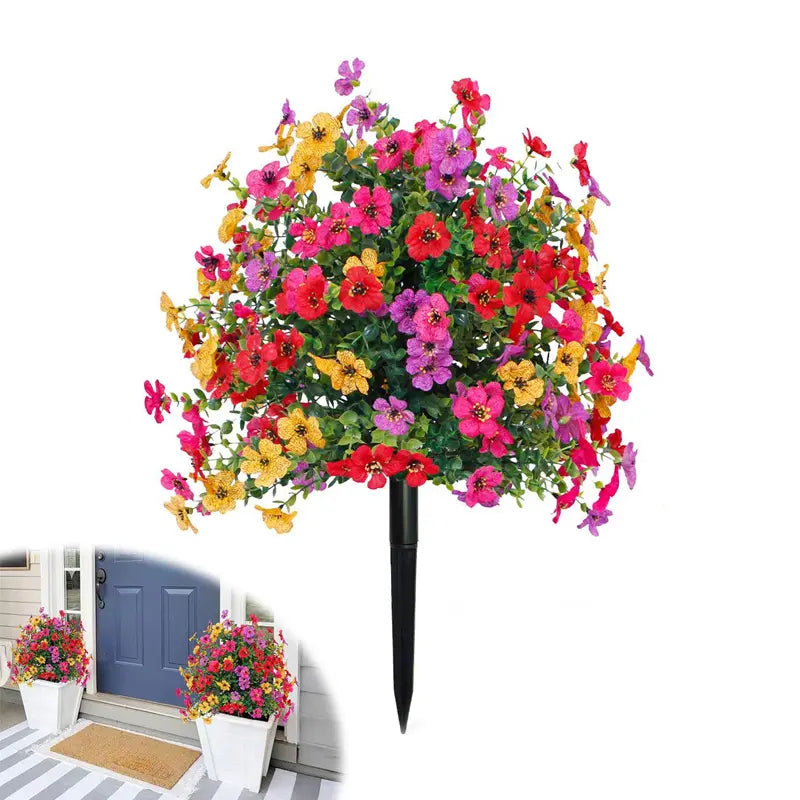 Decorazione floreale con eucalipto artificiale e violette da piantare nel terreno