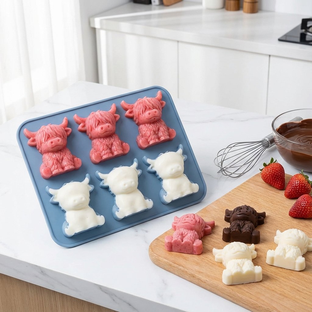 🐮 Stampo per cubetti di ghiaccio a forma di mini mucca delle Highlands – Simpatici cubetti di ghiaccio 3D per bevande, feste e regali