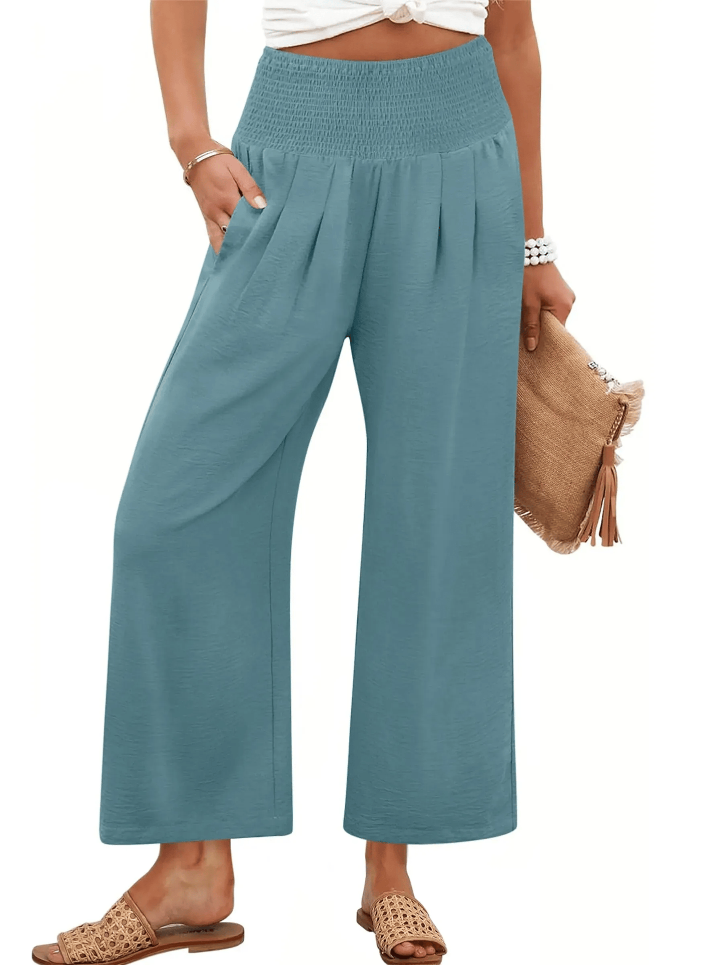 Pantaloni palazzo da donna a gamba larga con vita smockata