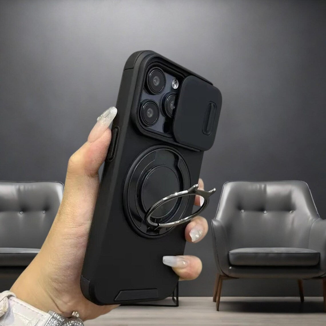 Custodia con copertura scorrevole per fotocamera e supporto girevole ad anello, custodia protettiva antiurto di alta qualit