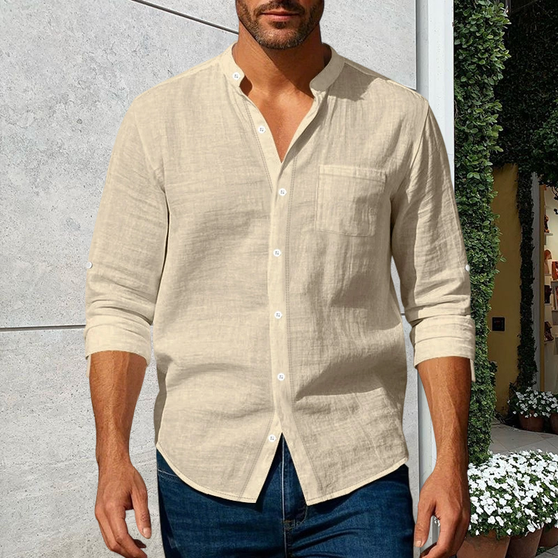 💎 50% DI SCONTO! 💎 Camicia da uomo in lino a maniche lunghe con colletto alla coreana
