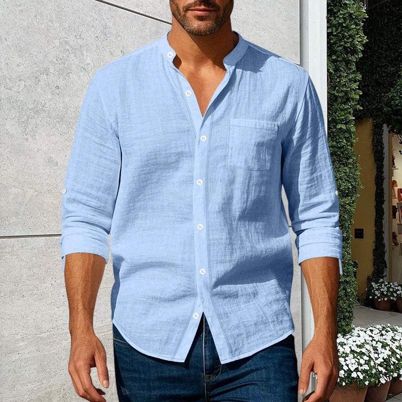 💎 50% DI SCONTO! 💎 Camicia da uomo in lino a maniche lunghe con colletto alla coreana