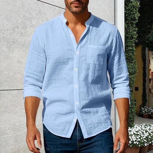 💎 50% DI SCONTO! 💎 Camicia da uomo in lino a maniche lunghe con colletto alla coreana