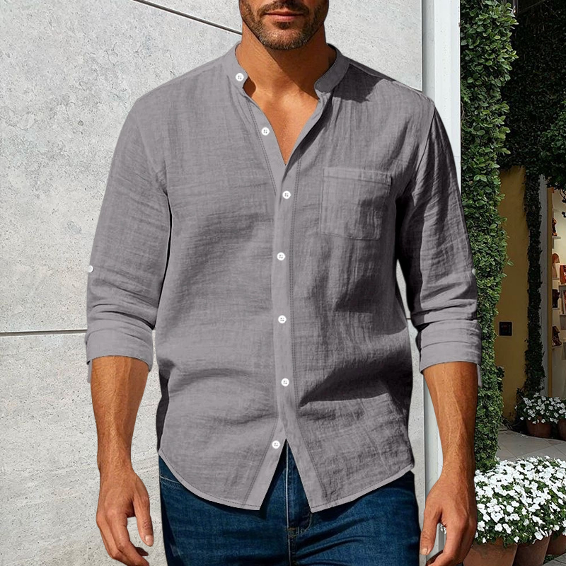 💎 50% DI SCONTO! 💎 Camicia da uomo in lino a maniche lunghe con colletto alla coreana