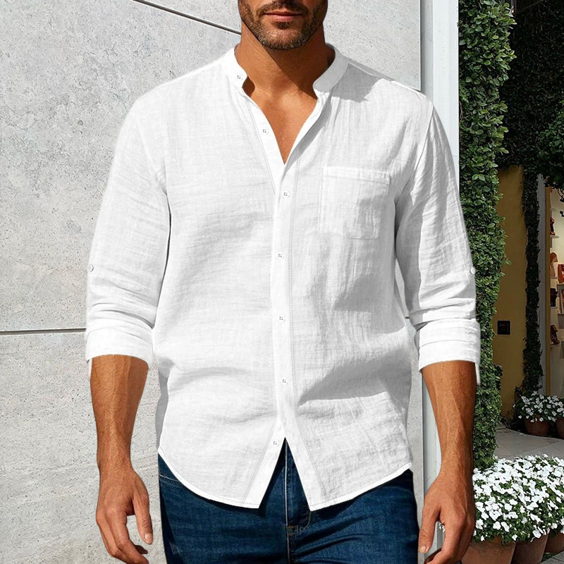 💎 50% DI SCONTO! 💎 Camicia da uomo in lino a maniche lunghe con colletto alla coreana