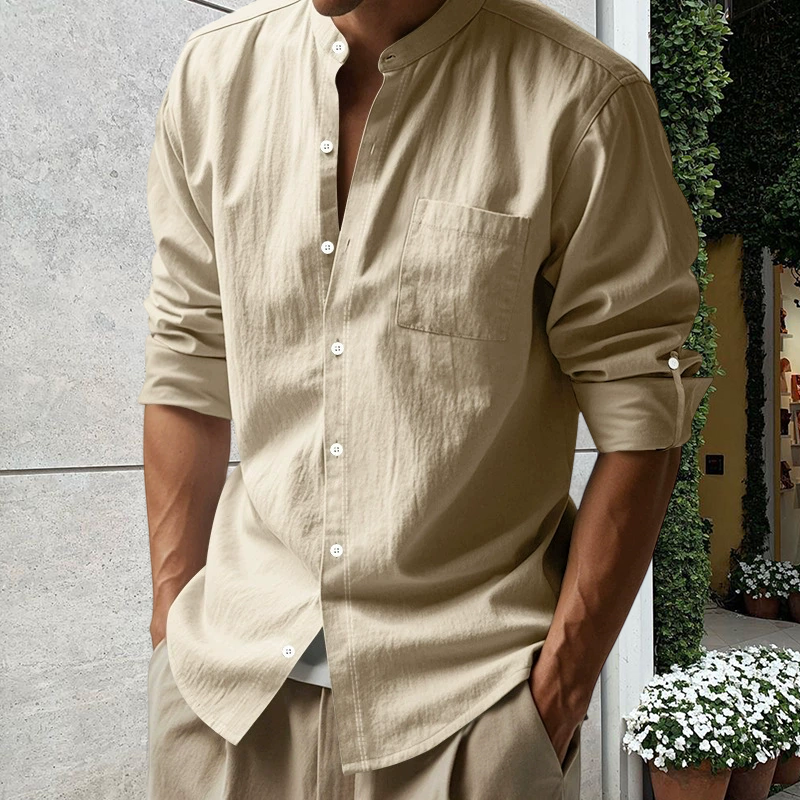 💎 50% DI SCONTO! 💎 Camicia da uomo in lino a maniche lunghe con colletto alla coreana