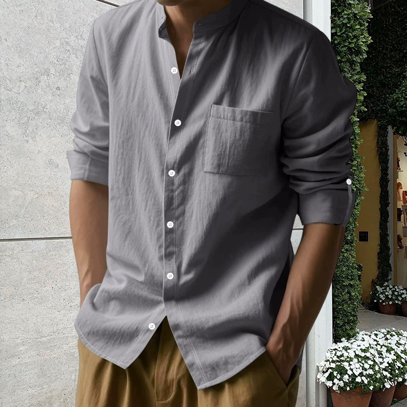 💎 50% DI SCONTO! 💎 Camicia da uomo in lino a maniche lunghe con colletto alla coreana