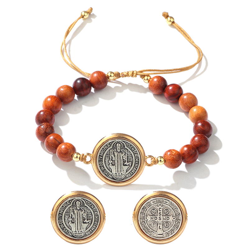 🛡️A Guardian's Companion✨Bracciale di San Benedetto con perline di legno naturale🎁Regolabile, adatto sia per uomini che per donne