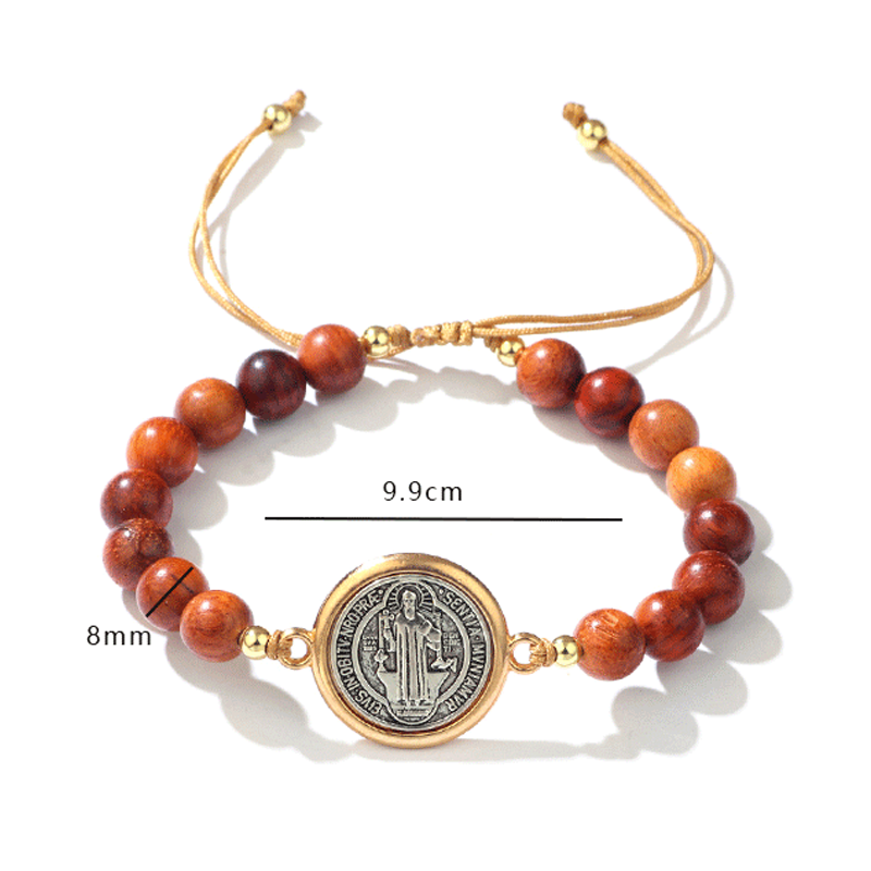 🛡️A Guardian's Companion✨Bracciale di San Benedetto con perline di legno naturale🎁Regolabile, adatto sia per uomini che per donne